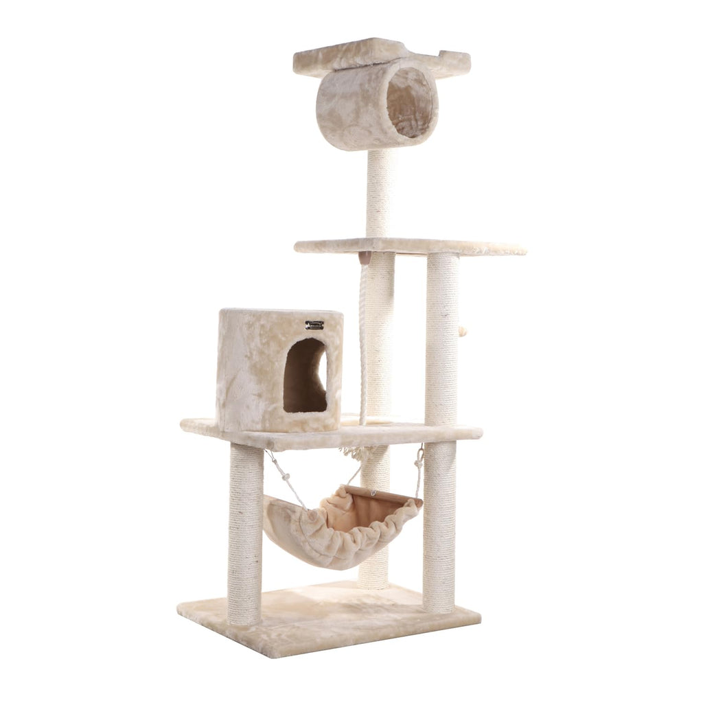 Tall 70 Inch MultiLevel Feline Activity Tower with Scratching Posts and Playhouse, Tan P2958