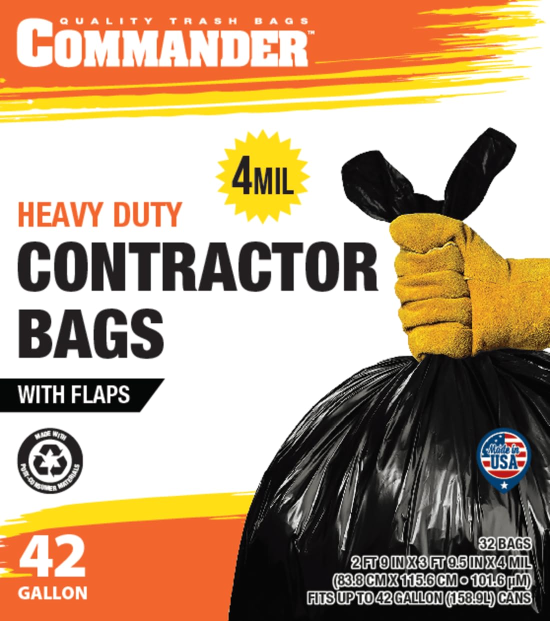 42 Gallon 4 MIL Black Heavy Duty Trash Bags Pack of 32 D1100
