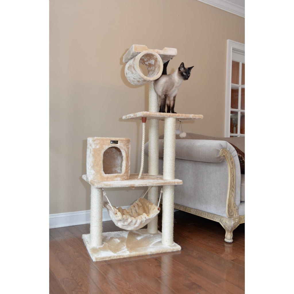 Tall 70 Inch MultiLevel Feline Activity Tower with Scratching Posts and Playhouse, Tan P2958