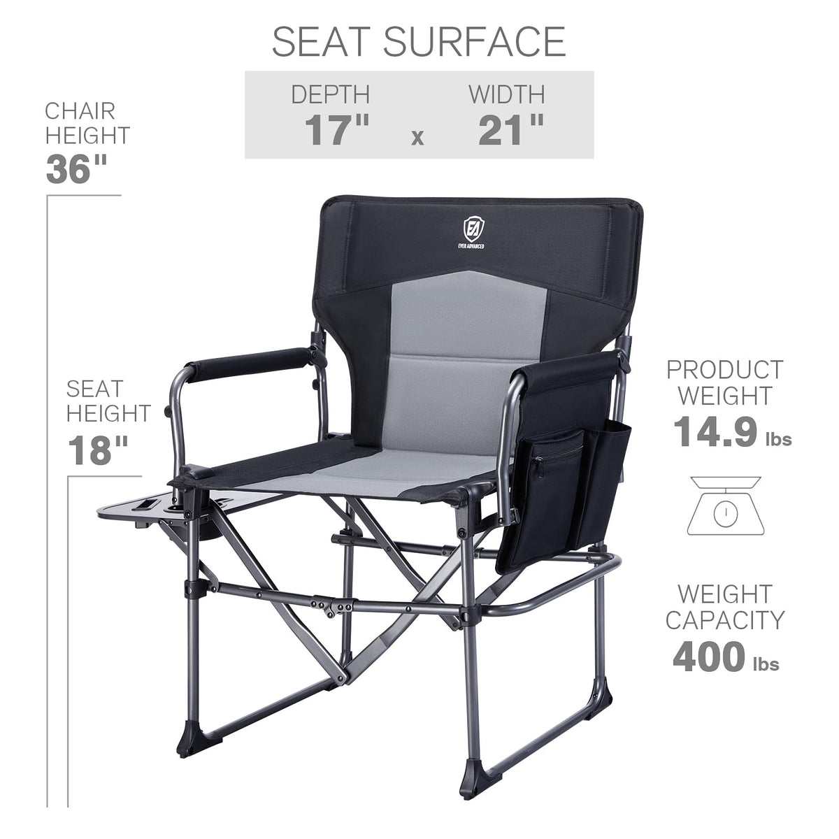 Portable Folding Camping Chair with Side Table, Black P78549