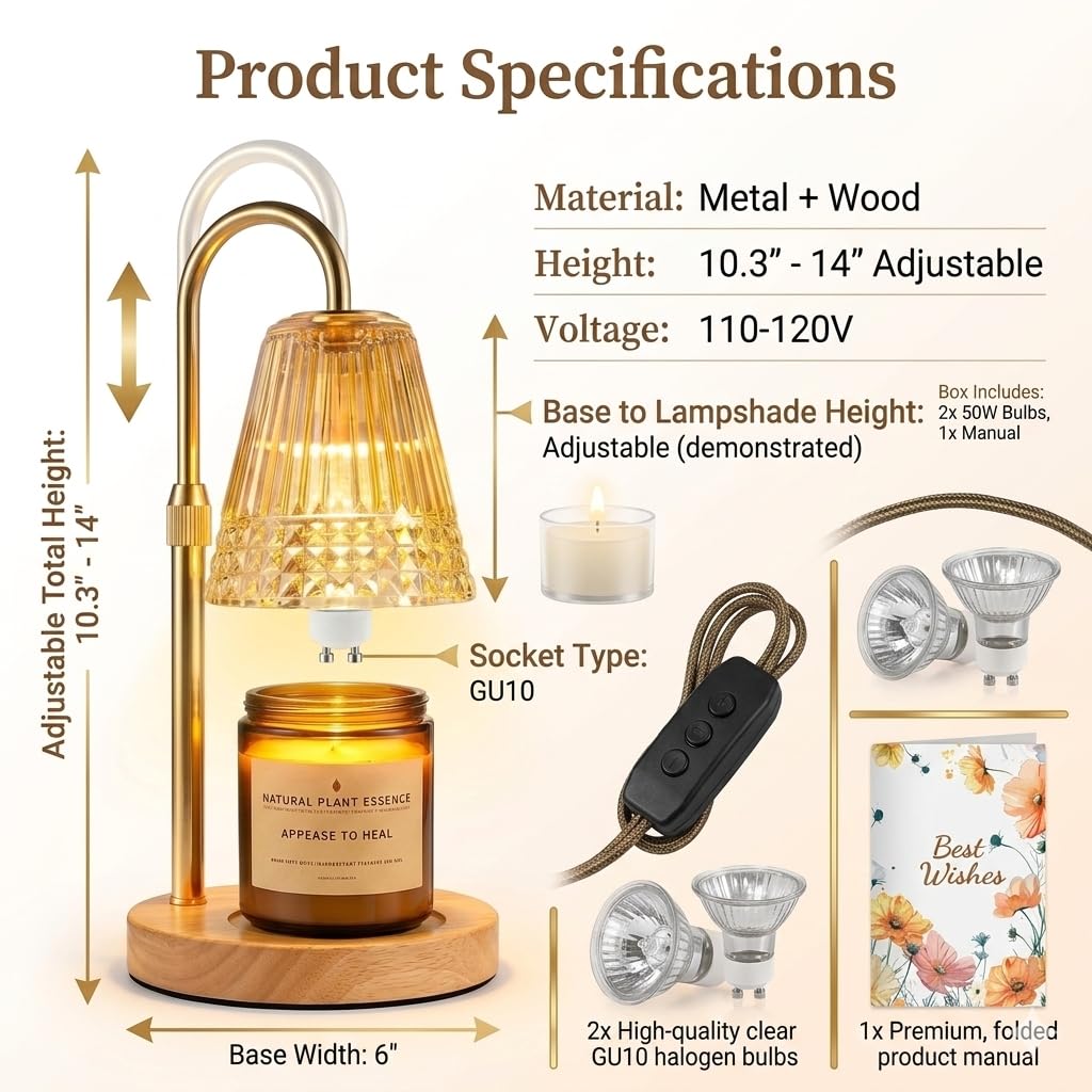 Dimmable Height Adjustable Candle Warmer Lamp with Timer W4991