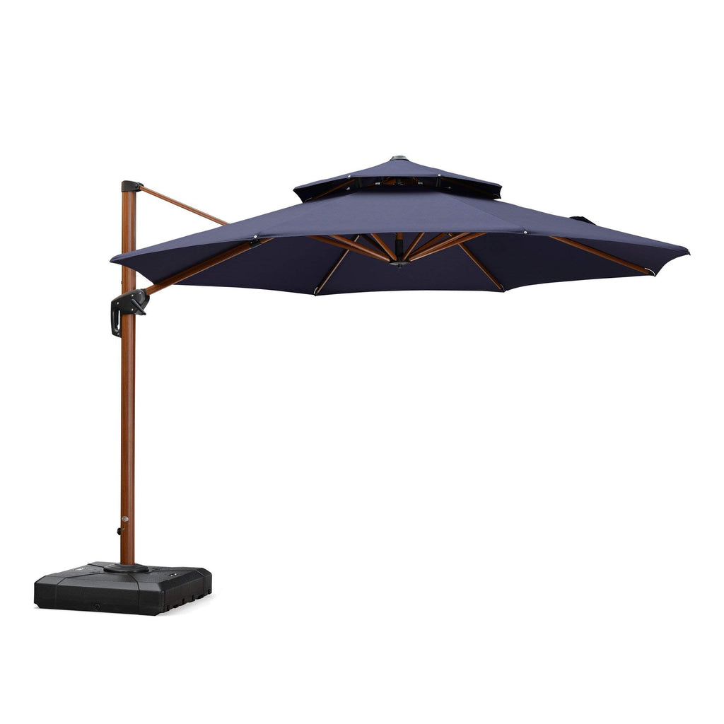 11ft Double Top Wood-Grain Finish Navy Blue Patio Umbrella R4405
