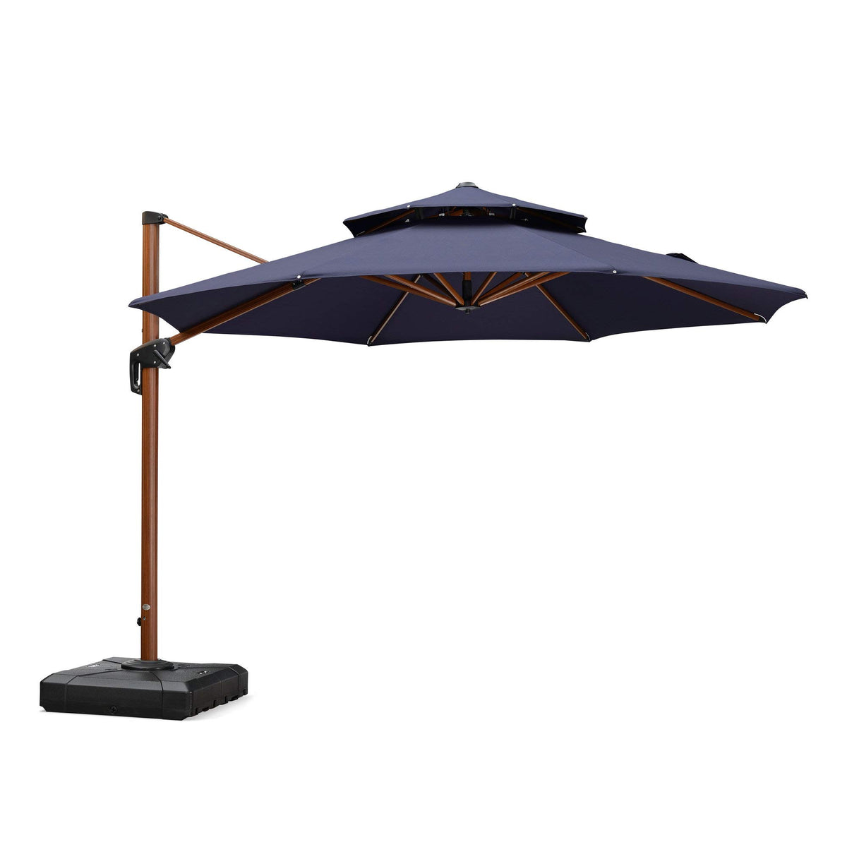 11ft Double Top Wood-Grain Finish Navy Blue Patio Umbrella R4405