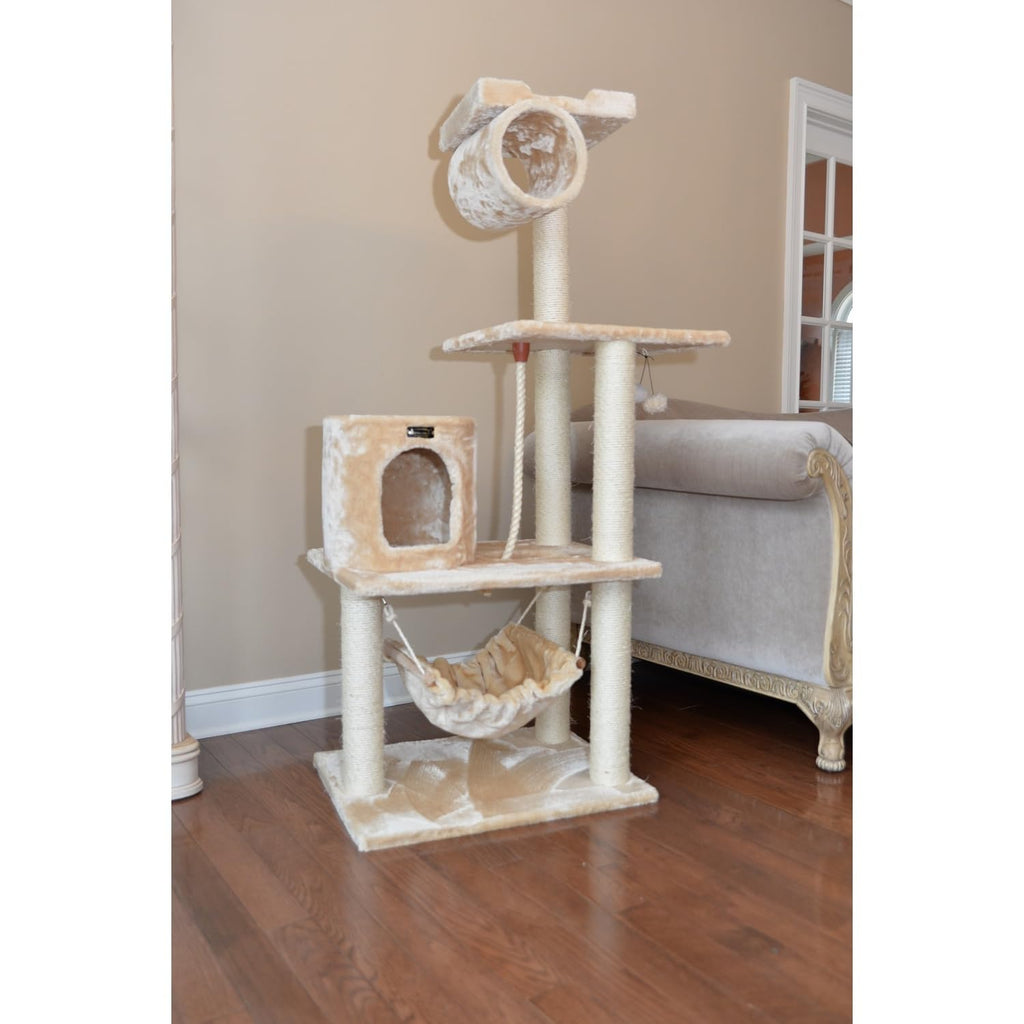 Tall 70 Inch MultiLevel Feline Activity Tower with Scratching Posts and Playhouse, Tan P2958