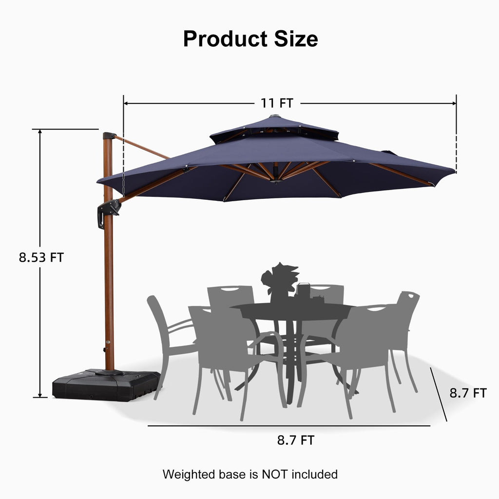 11ft Double Top Wood-Grain Finish Navy Blue Patio Umbrella R4405