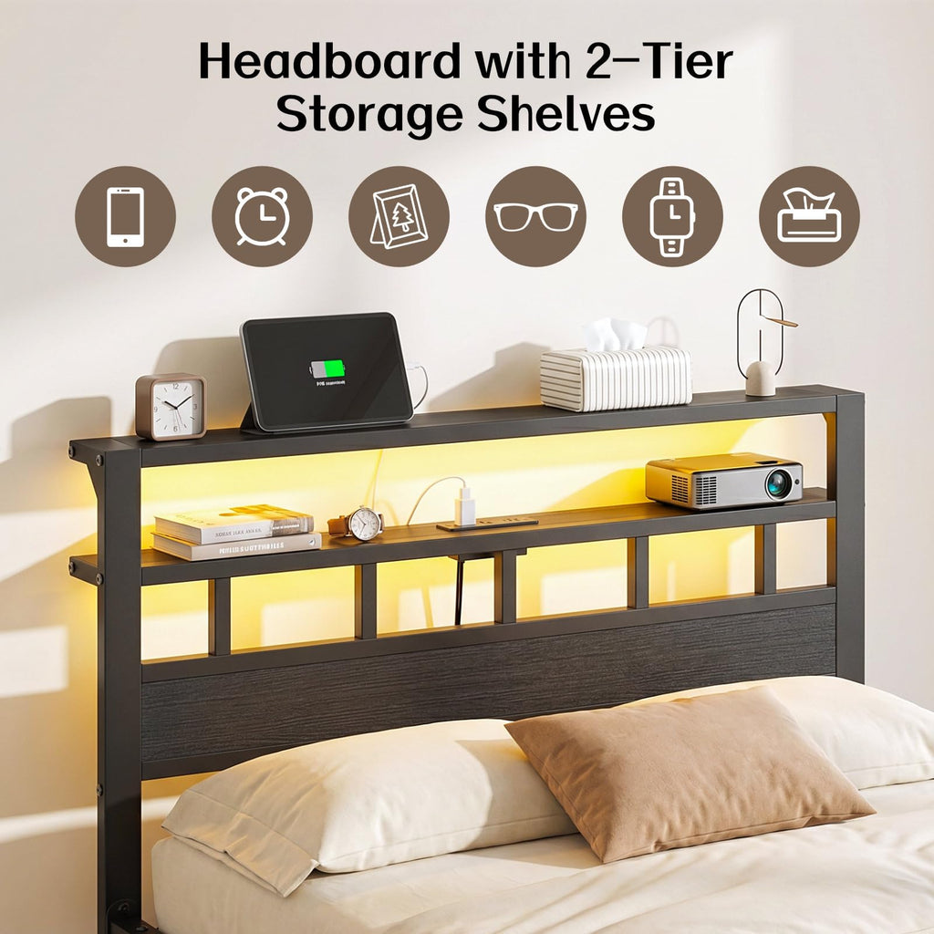 Full Size Bed Frame with Charging Station and LED B47616