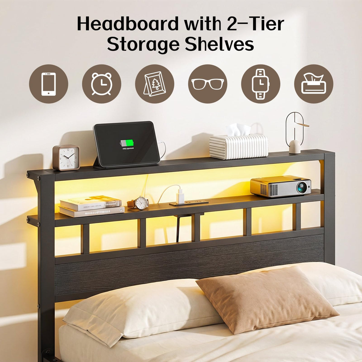 Full Size Bed Frame with Charging Station and LED B47616