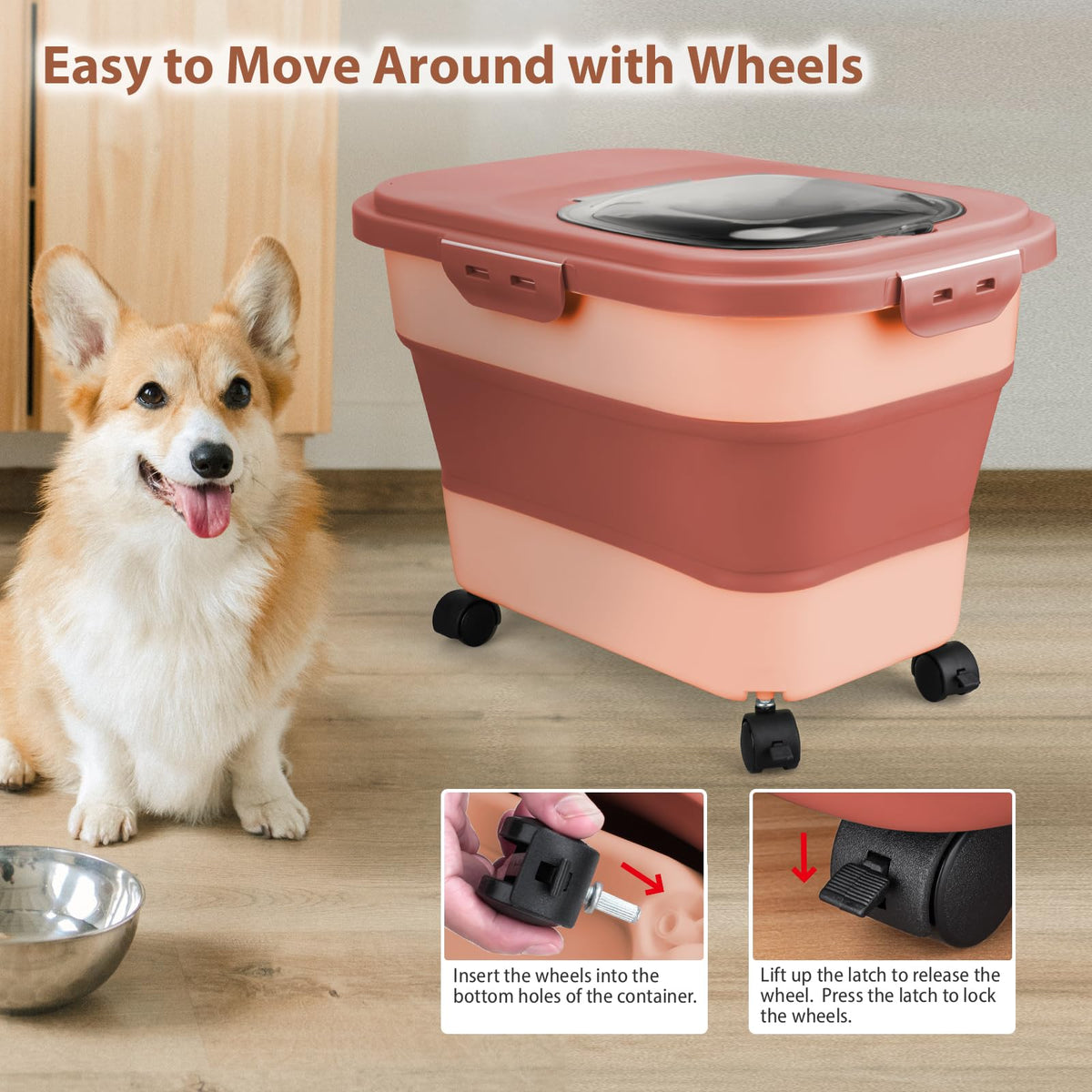 Collapsible Pet Food Storage Container with Wheel, Cup and Scoop J732