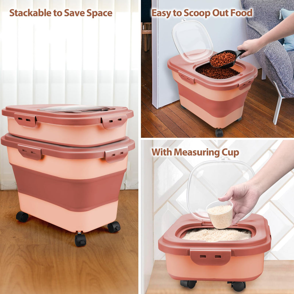 Collapsible Pet Food Storage Container with Wheel, Cup and Scoop J732