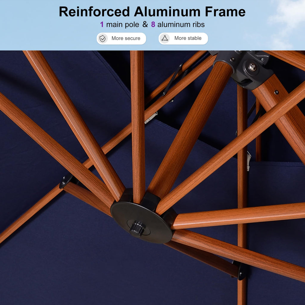 11ft Double Top Wood-Grain Finish Navy Blue Patio Umbrella R4405
