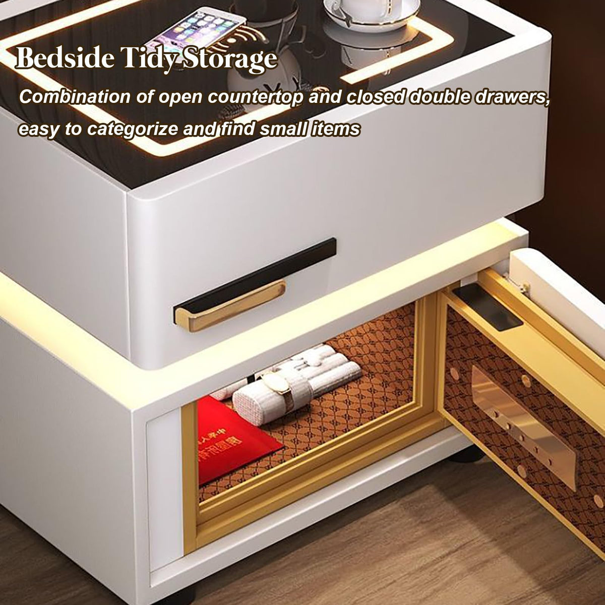 Light Gray Nightstand with Wireless Charging and Drawers Y69316