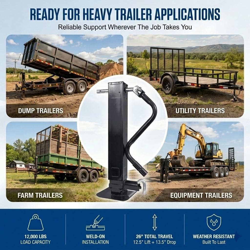 12000 LBS Weld-On Trailer Jack 4" Square Tube 26" Travel Side Wind Black P505773