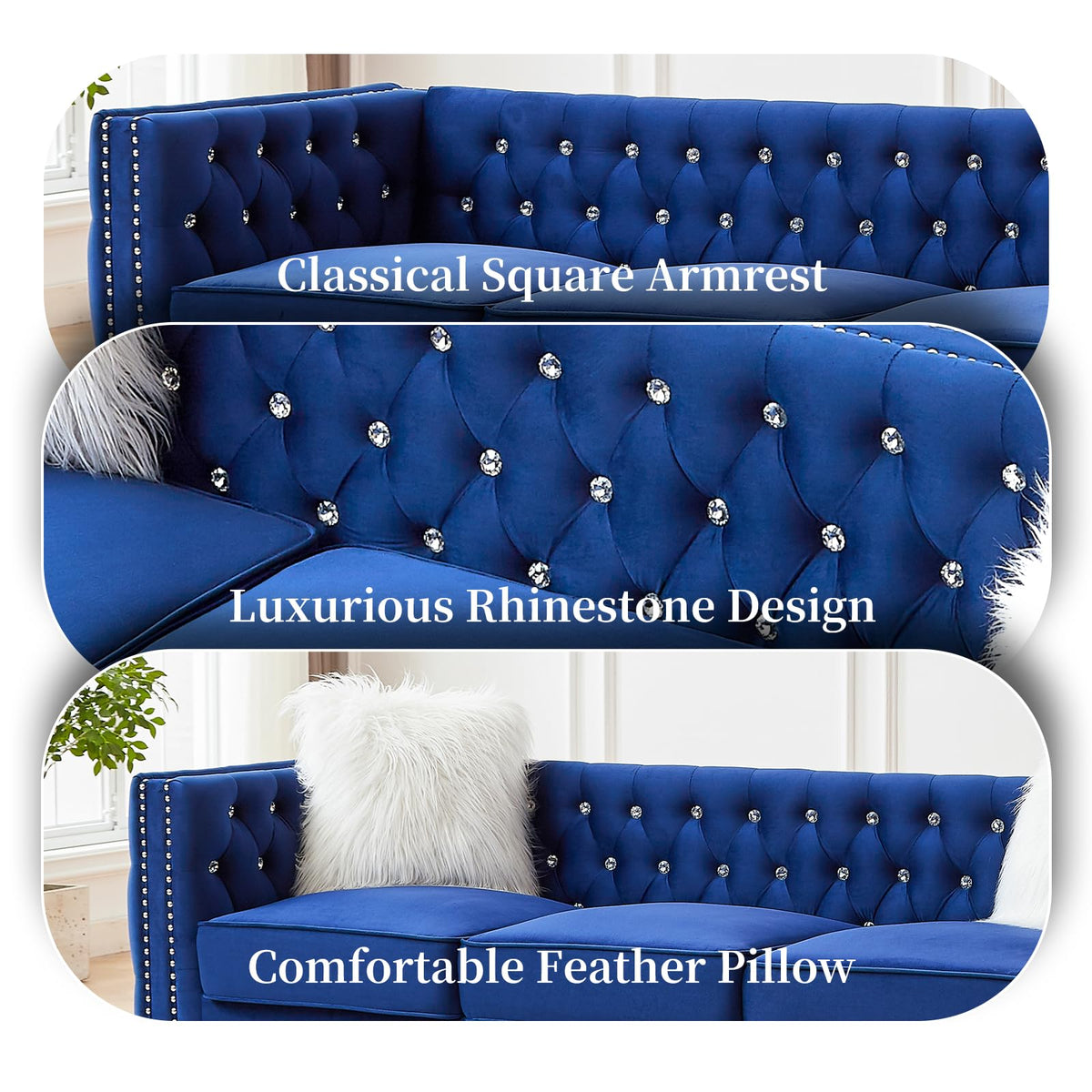 Blue Velvet Chesterfield Sofa with 2 Throw Pillows F661