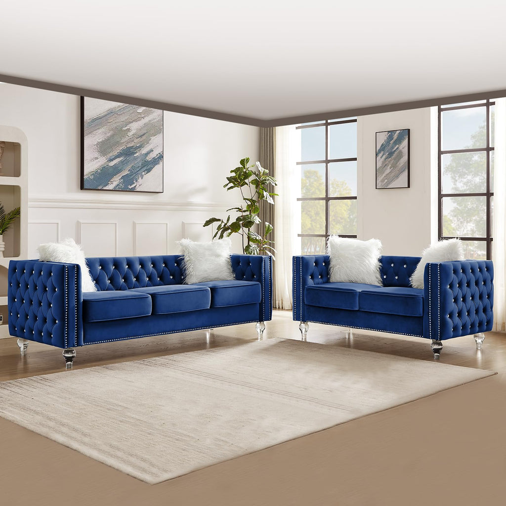 Blue Velvet Chesterfield Sofa with 2 Throw Pillows F661