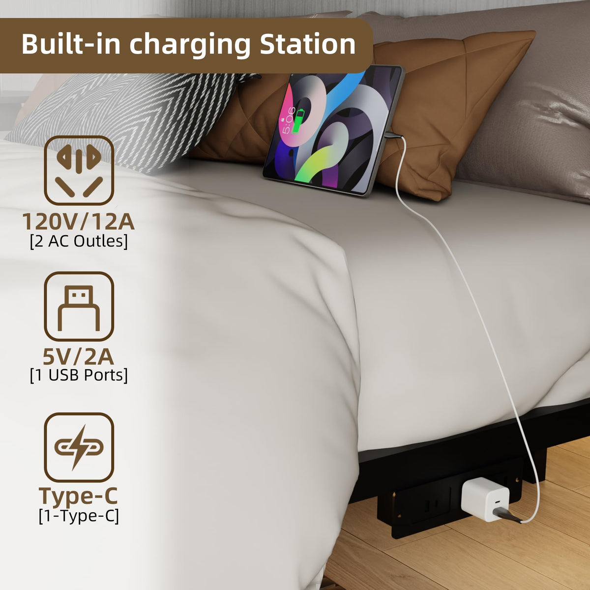 King Size Metal Platform Bed Frame with Charging Station and LED Lights G1827