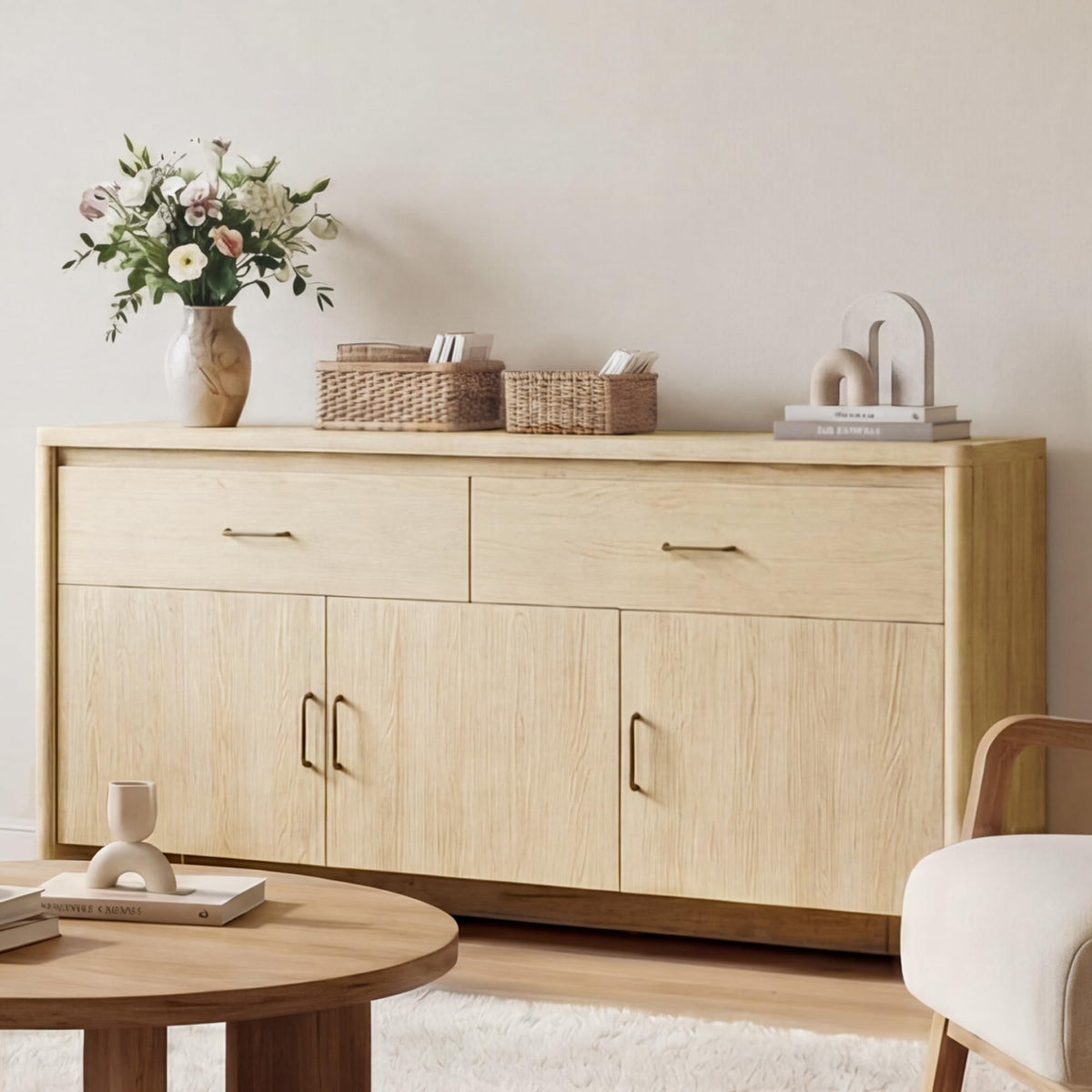 59" Wood Sideboard Buffet Cabinet with Adjustable Shelves & Drawers O871464