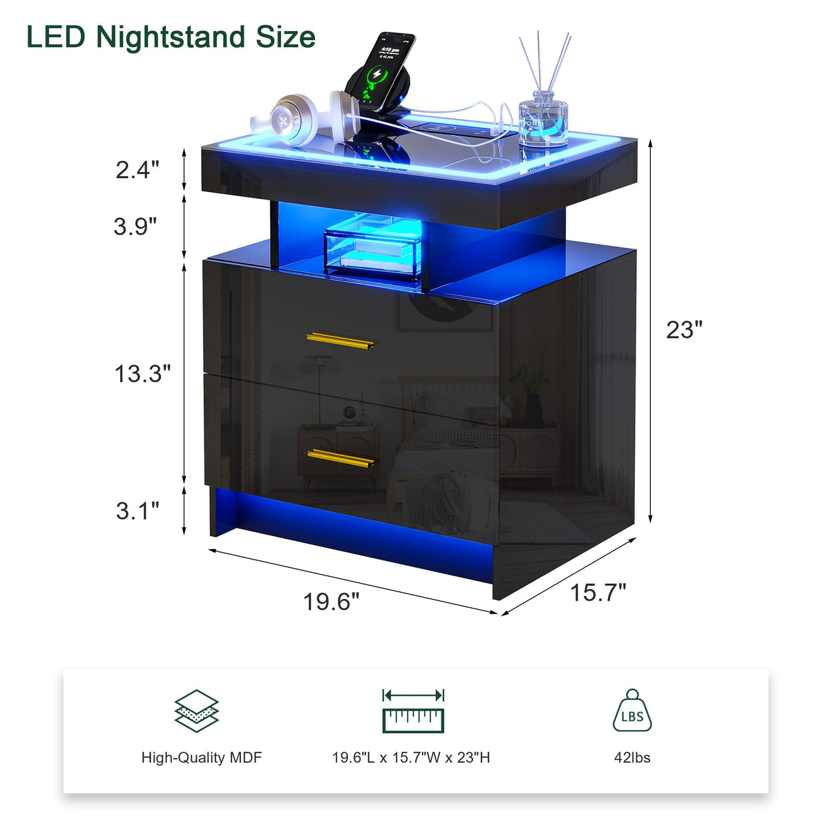 Black High Gloss Nightstand with Charging Station and 2 Drawers U6231