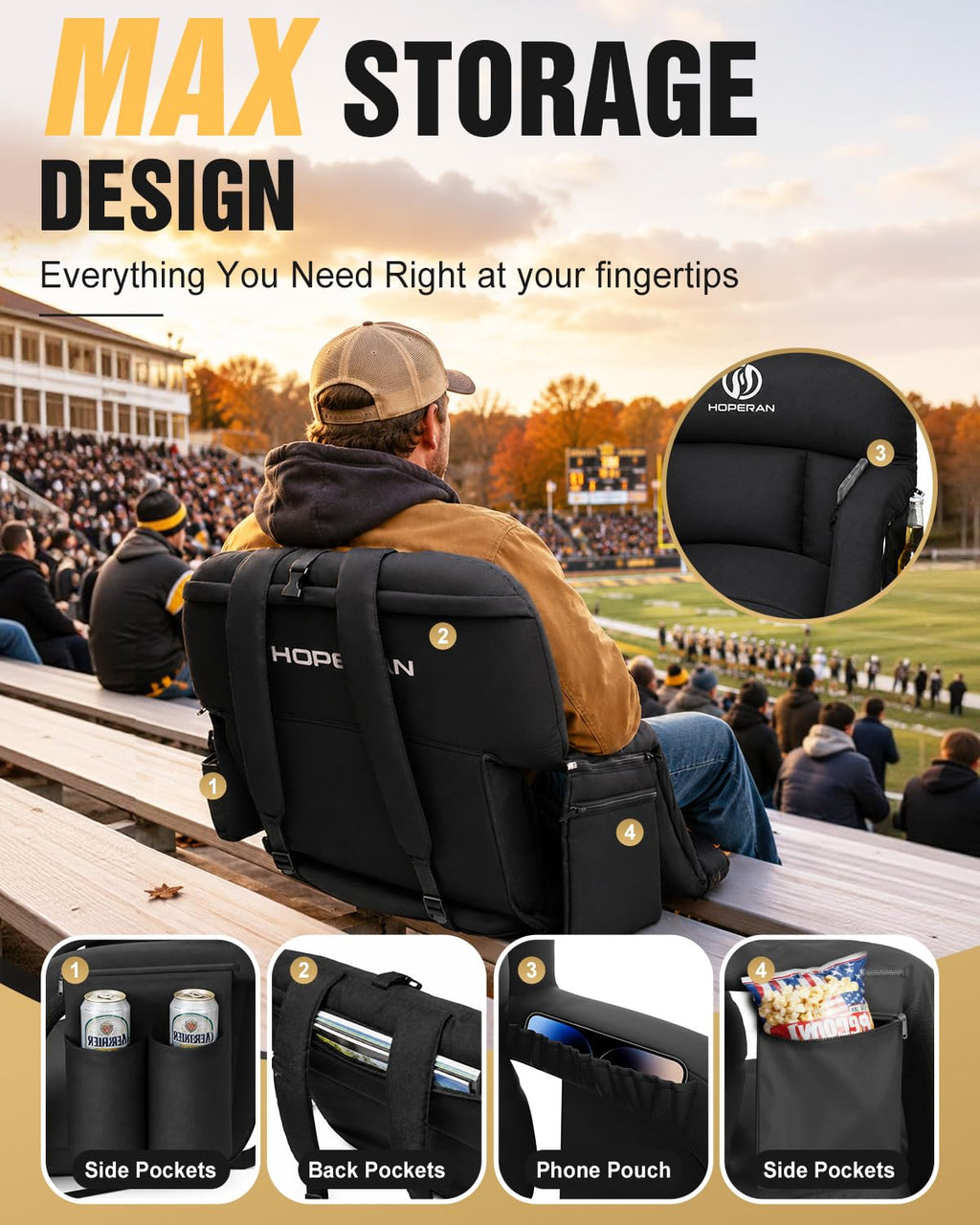 25" Heated Stadium Seats for Bleachers, 4.3" Extra Thick, Black 2PC H6202