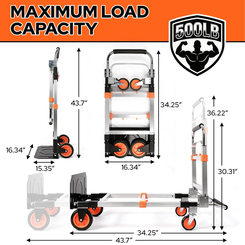 Folding Hand Truck Dolly Cart with Wheels, 500lb Load, Silver Orange Y7839