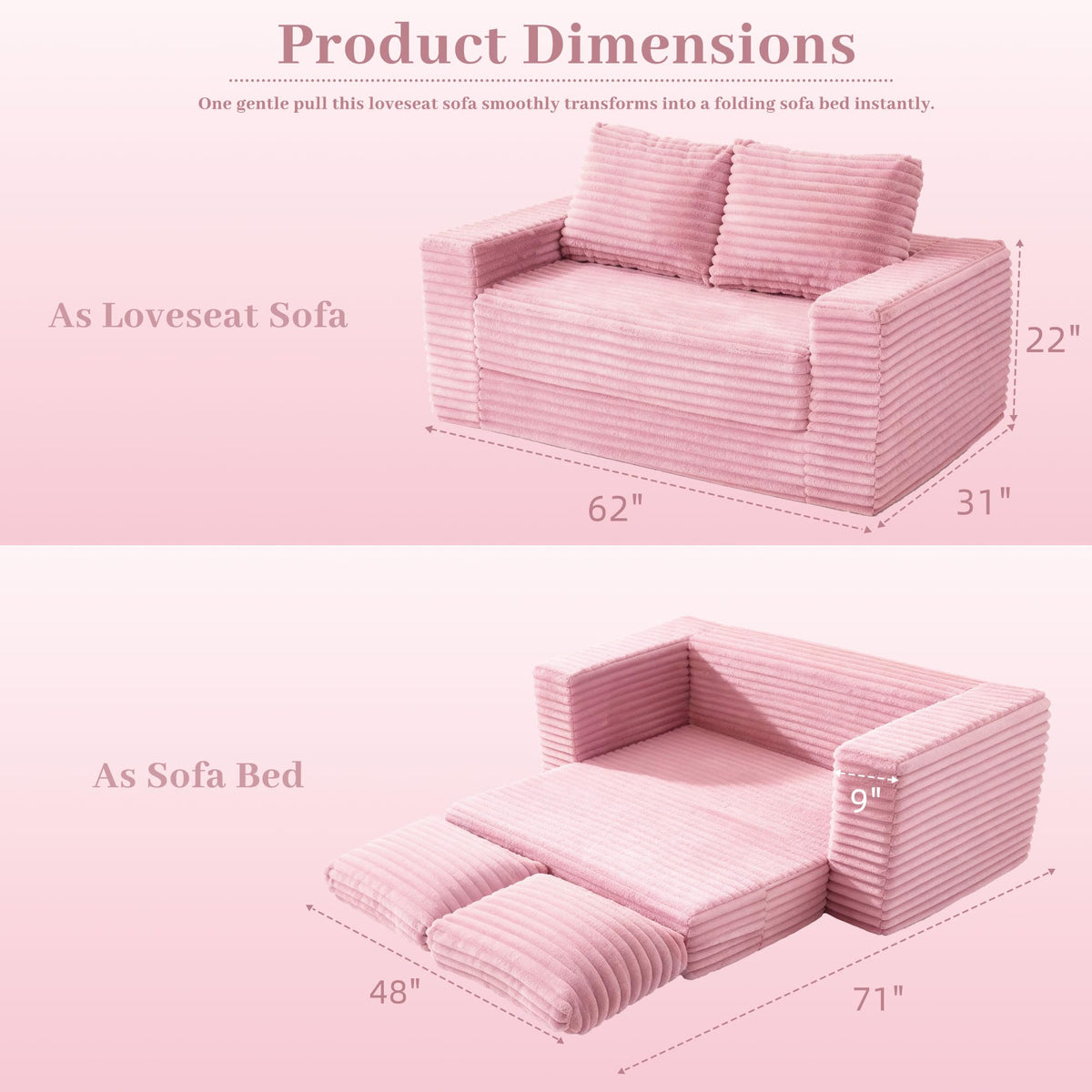 62" Pink Convertible Folding Sofa Bed C9308