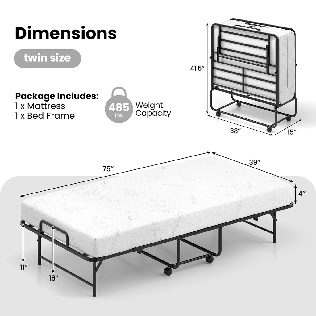 Twin Folding Bed Frame with Memory Foam Mattress X369