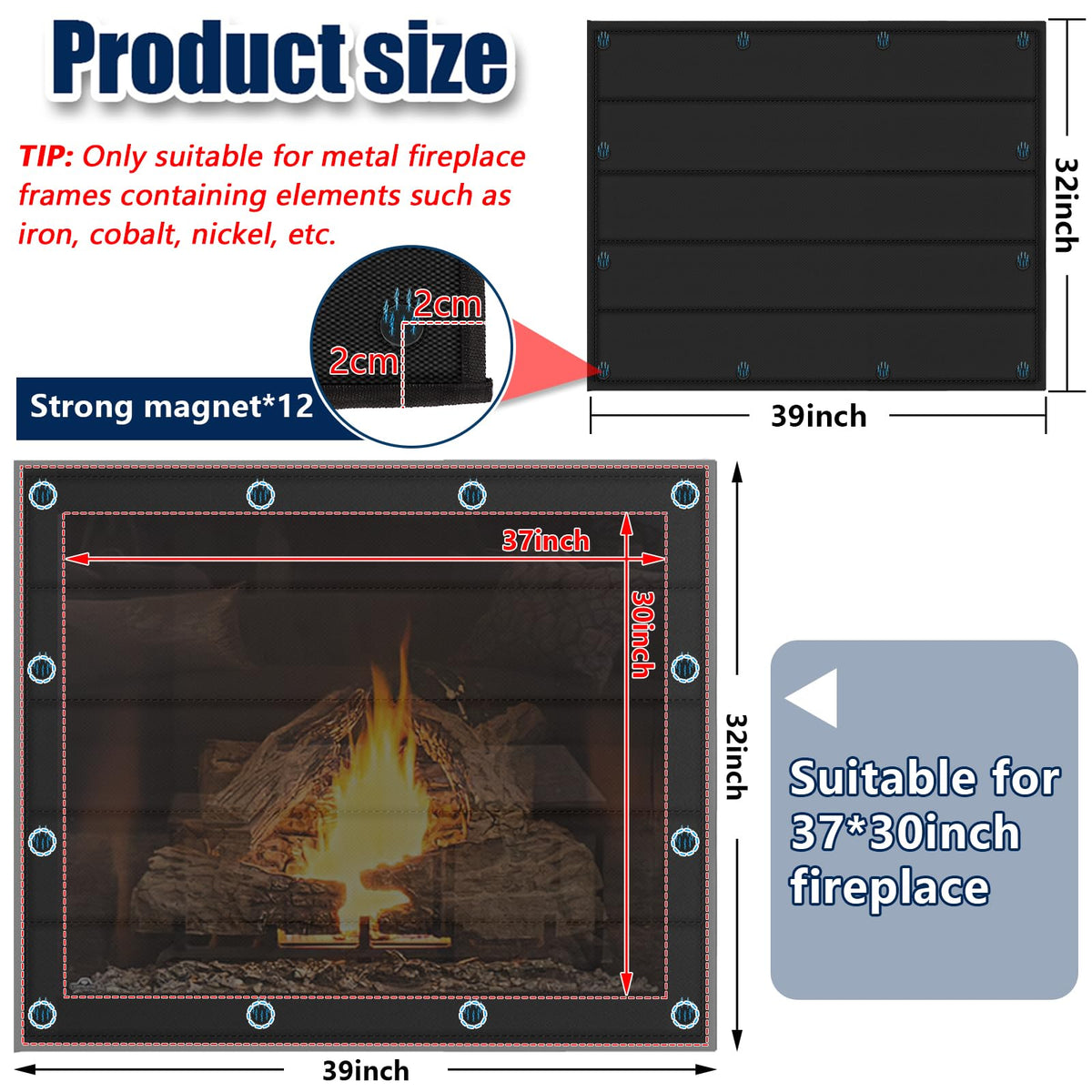 Magnetic Fireplace Cover 39"x32" Draft Stopper W889