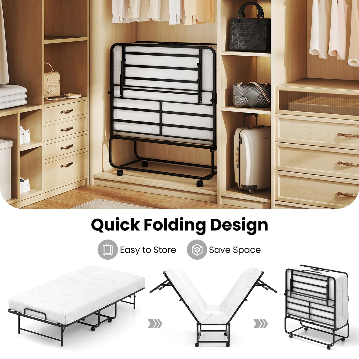 Twin Folding Bed Frame with Memory Foam Mattress X369