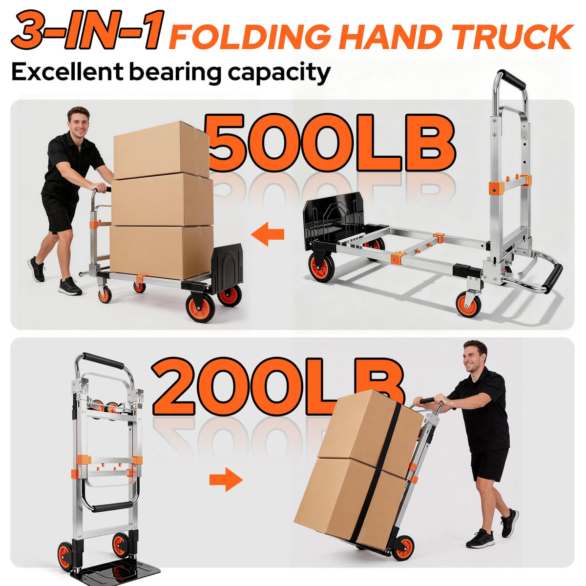 Folding Hand Truck Dolly Cart with Wheels, 500lb Load, Silver Orange Y7839