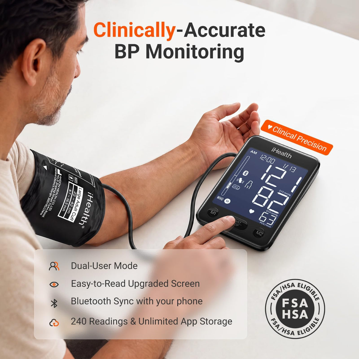 Bluetooth Upper Arm Blood Pressure Monitor with Large Cuff H3769