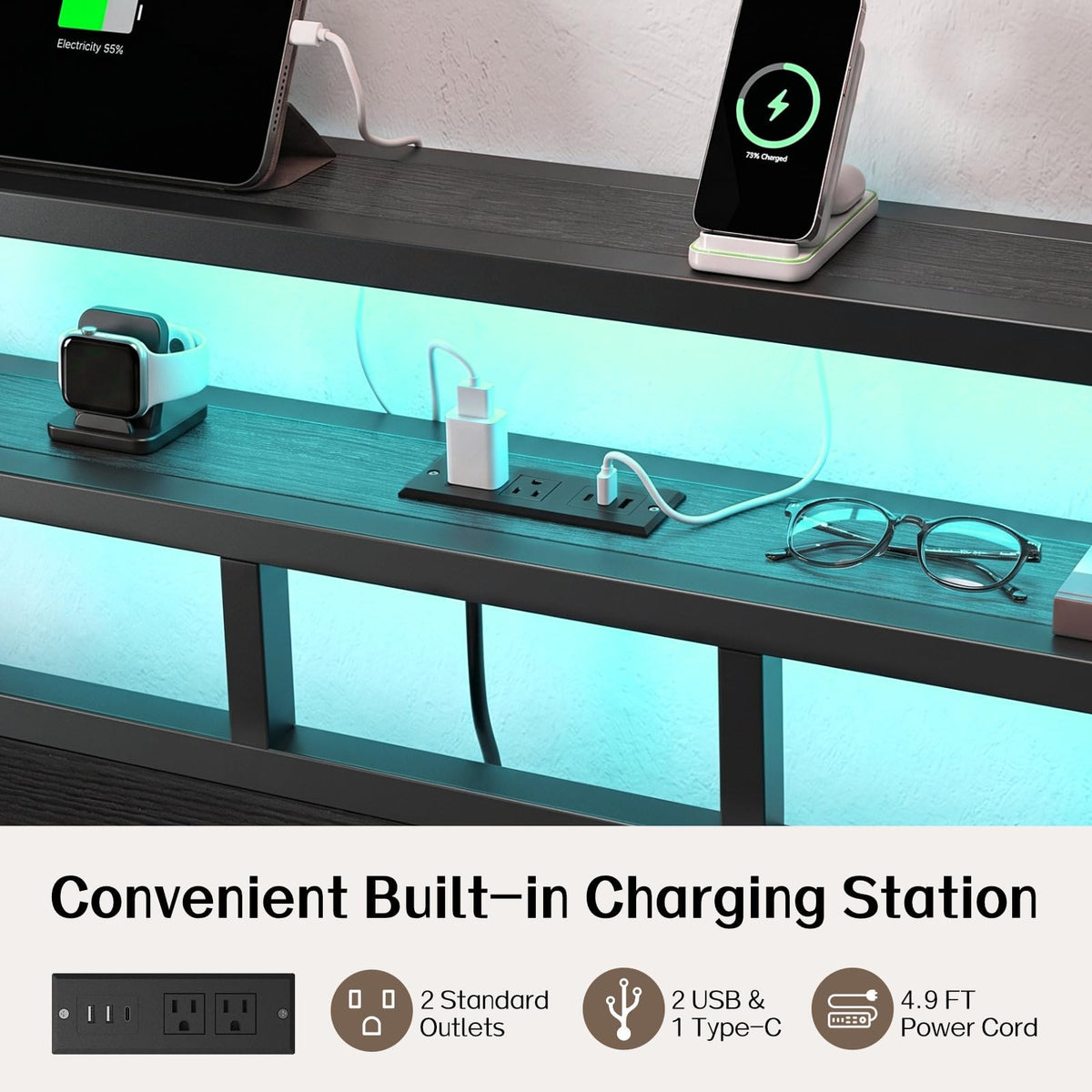 Full Size Bed Frame with Charging Station and LED B47616