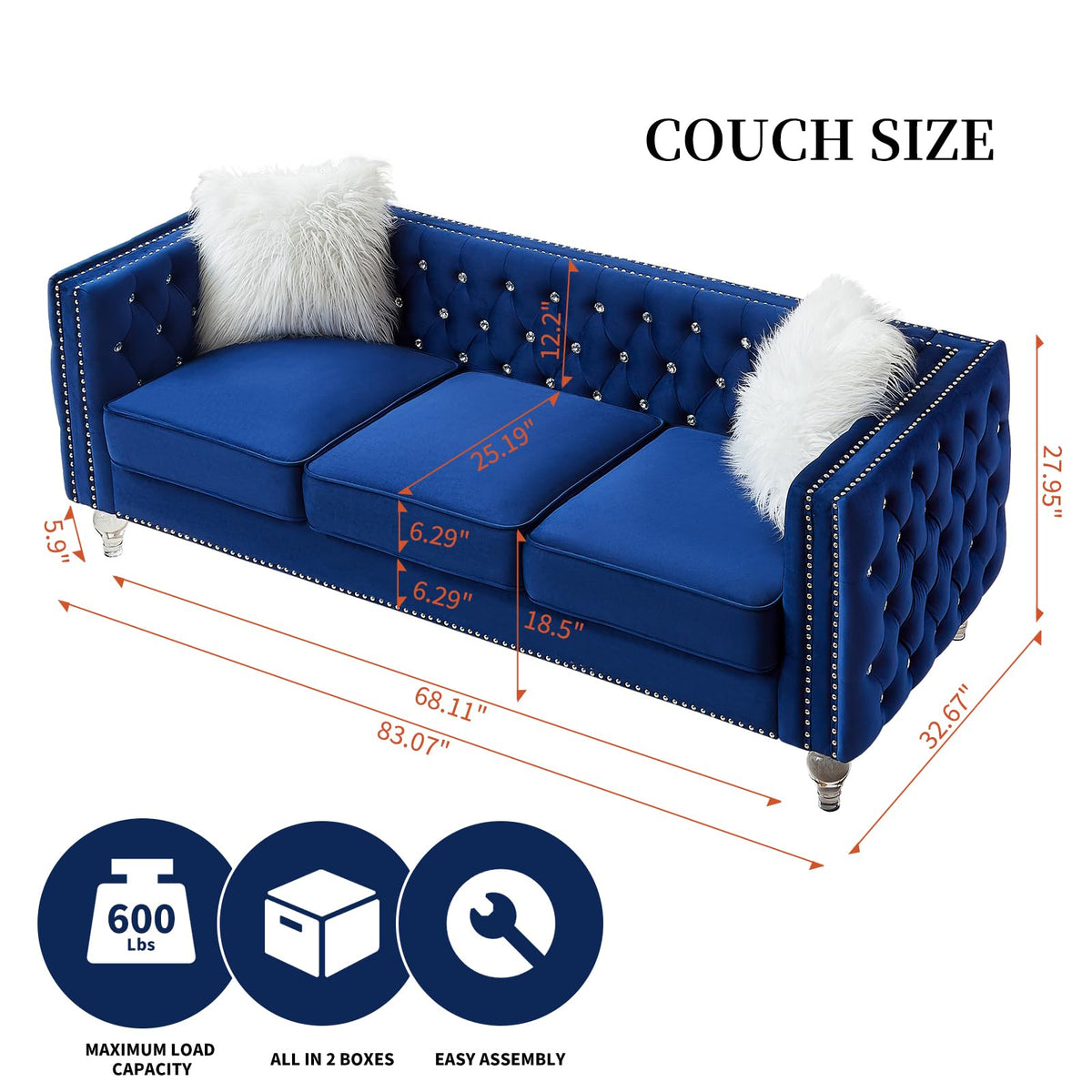 Blue Velvet Chesterfield Sofa with 2 Throw Pillows F661