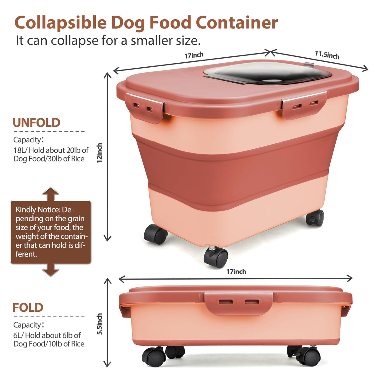 Collapsible Pet Food Storage Container with Wheel, Cup and Scoop J732