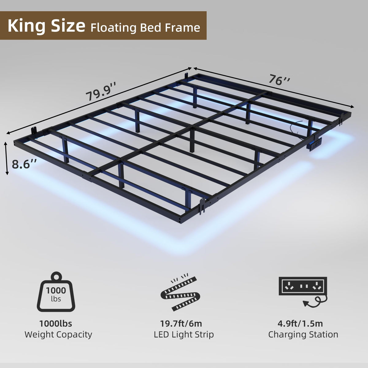 King Size Metal Platform Bed Frame with Charging Station and LED Lights G1827