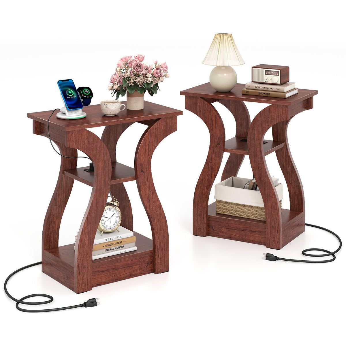Narrow End Tables Set of 2 Wood with Charging Station C701