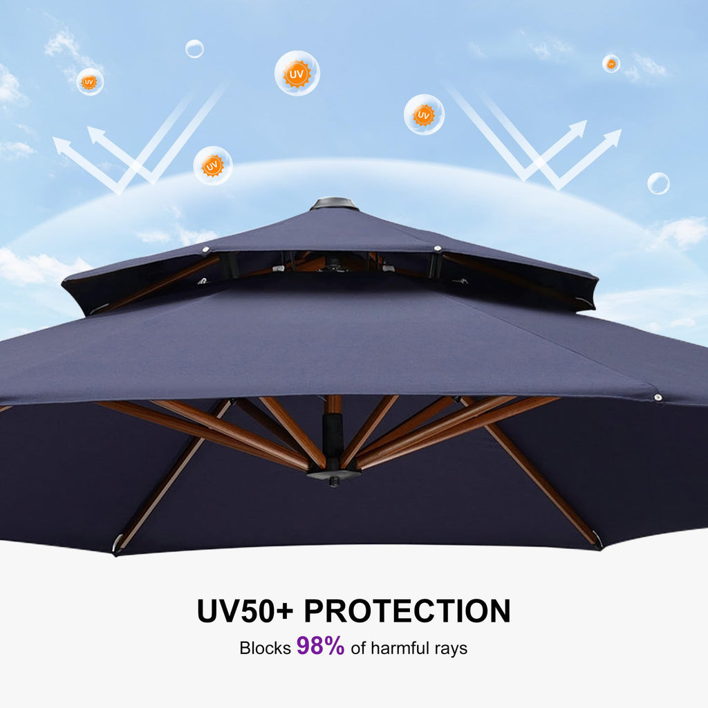 11ft Double Top Wood-Grain Finish Navy Blue Patio Umbrella R4405