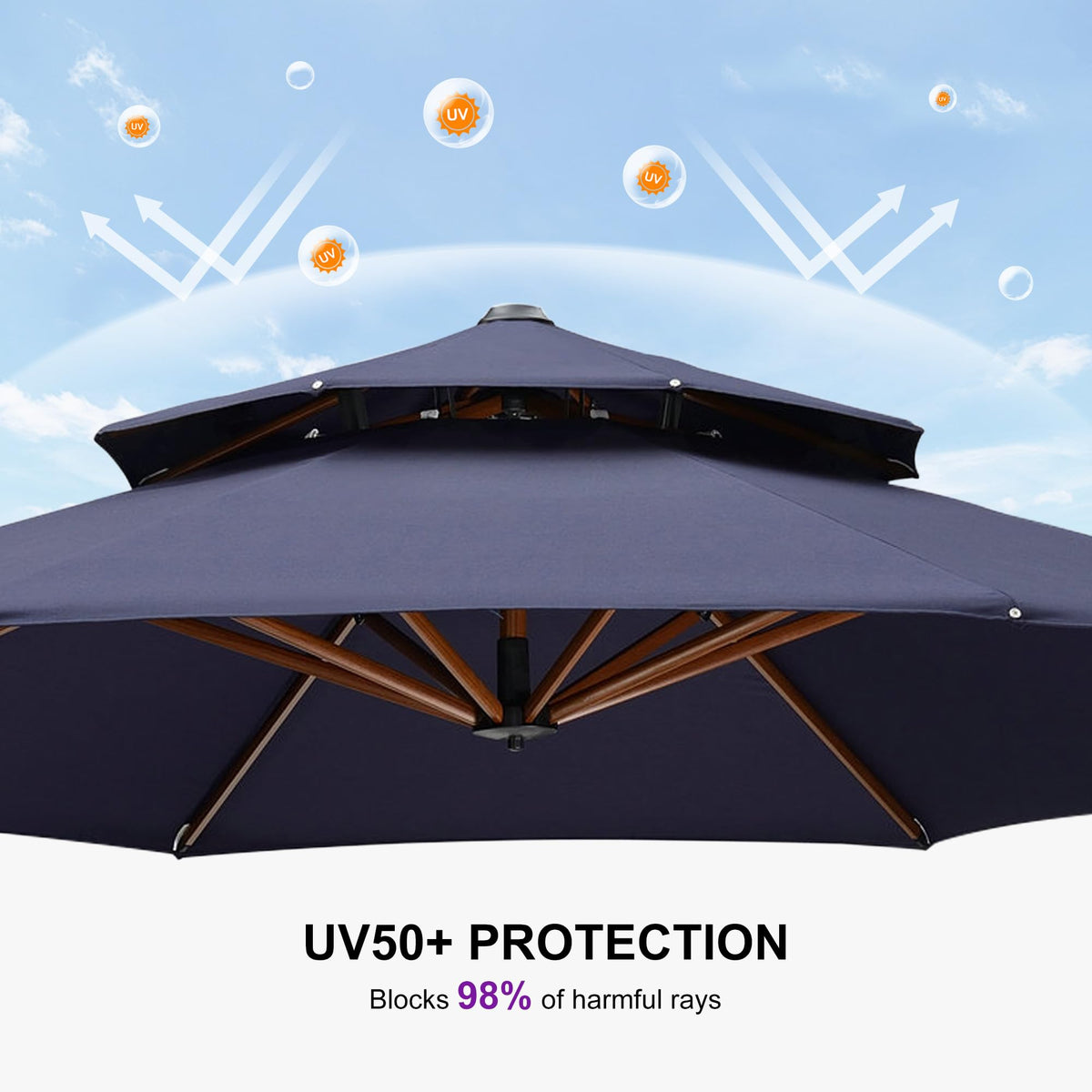 11ft Double Top Wood-Grain Finish Navy Blue Patio Umbrella R4405