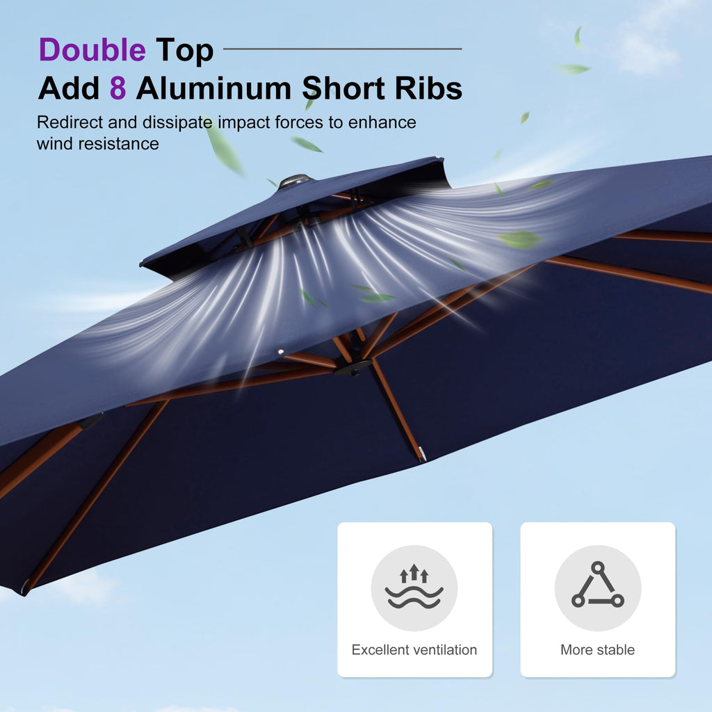 11ft Double Top Wood-Grain Finish Navy Blue Patio Umbrella R4405