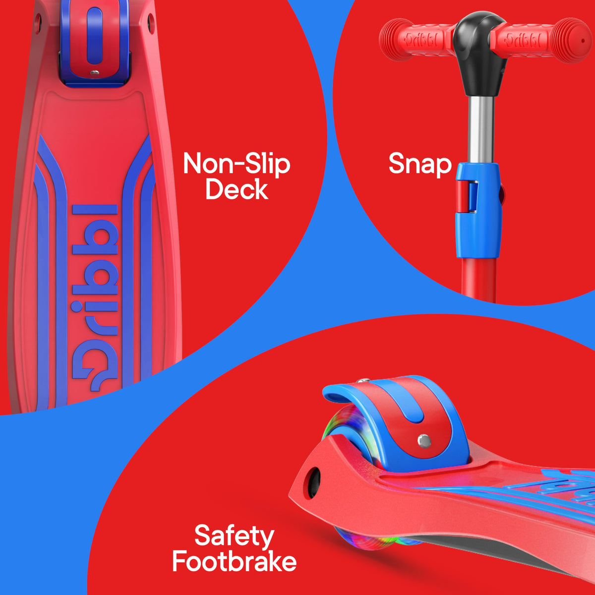 3-Wheel Kids Scooter Adjustable Height Anti-Slip Deck Red and Blue X491393