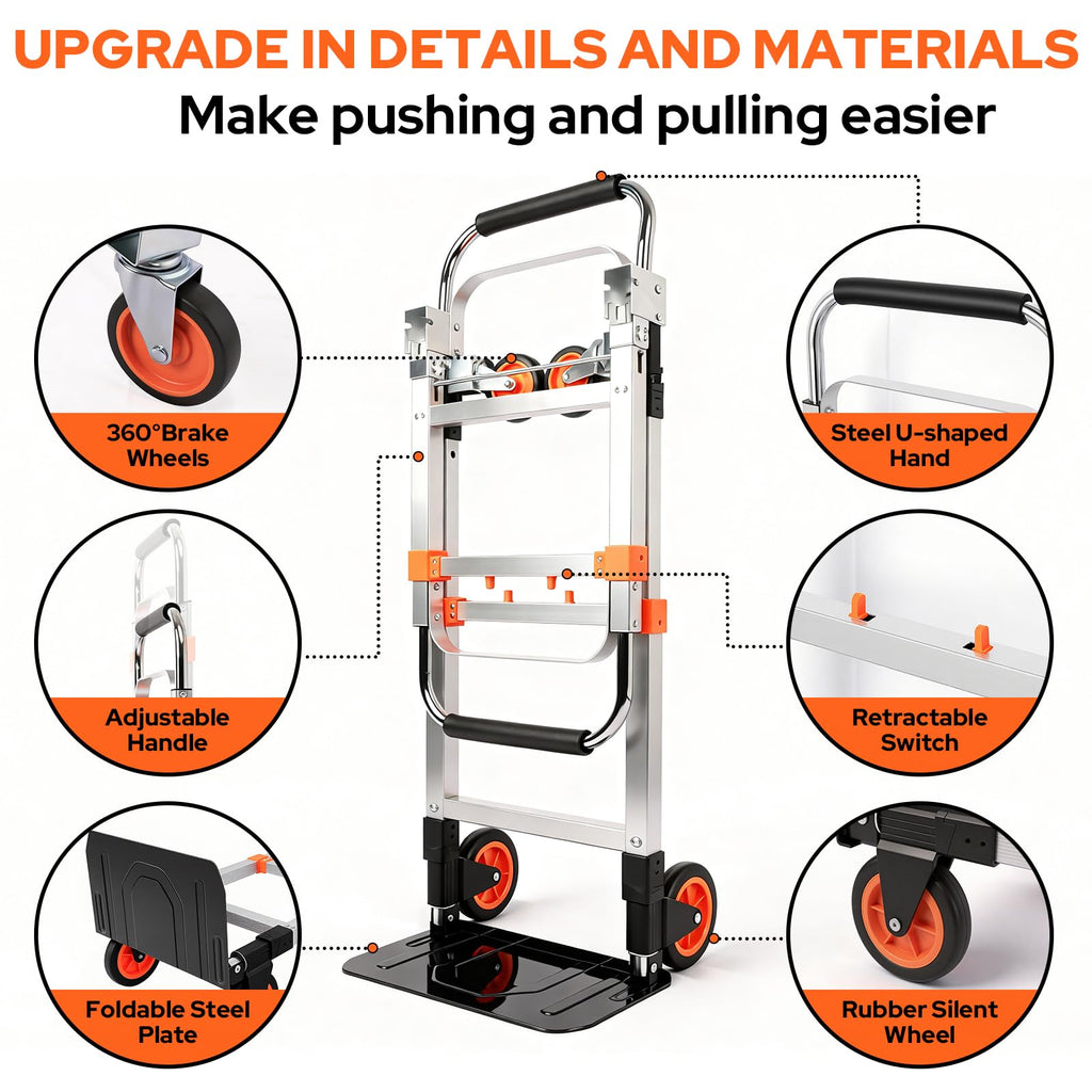 Folding Hand Truck Dolly Cart with Wheels, 500lb Load, Silver Orange Y7839