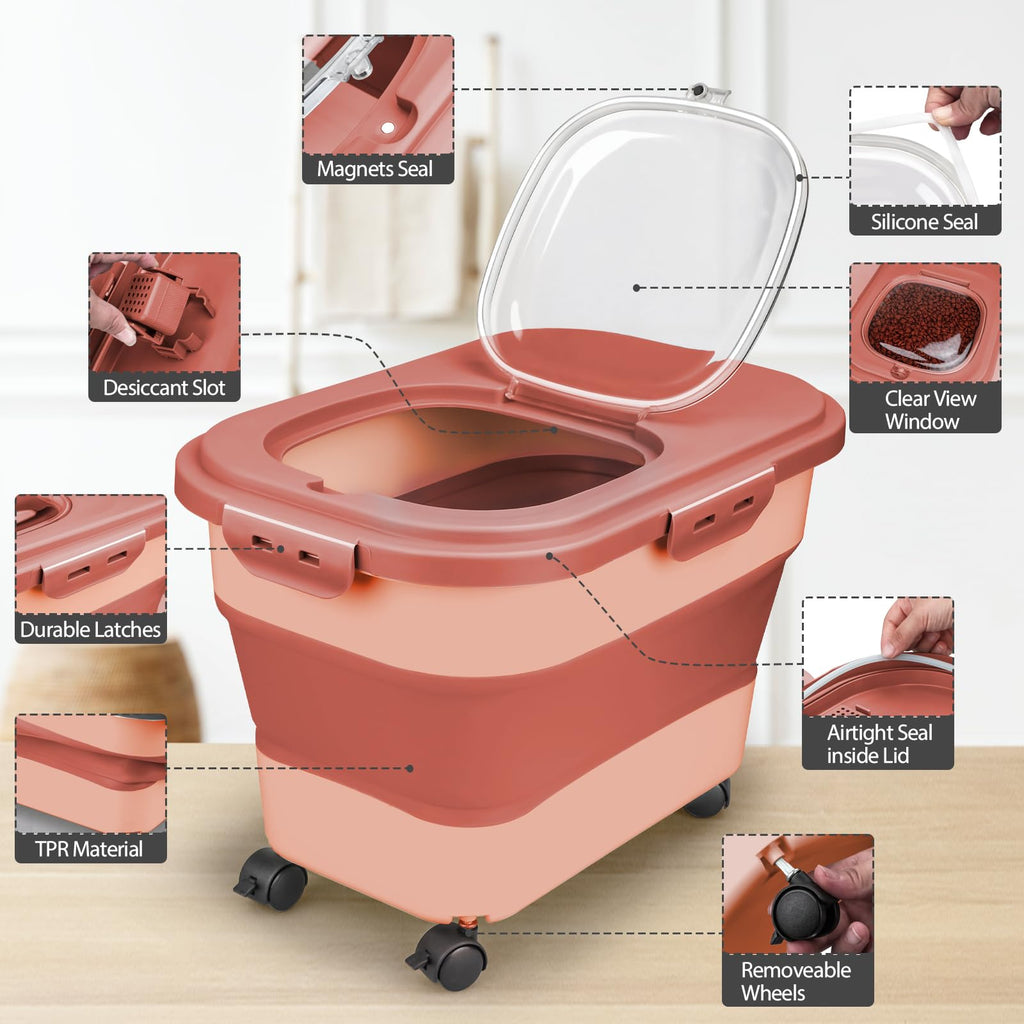 Collapsible Pet Food Storage Container with Wheel, Cup and Scoop J732