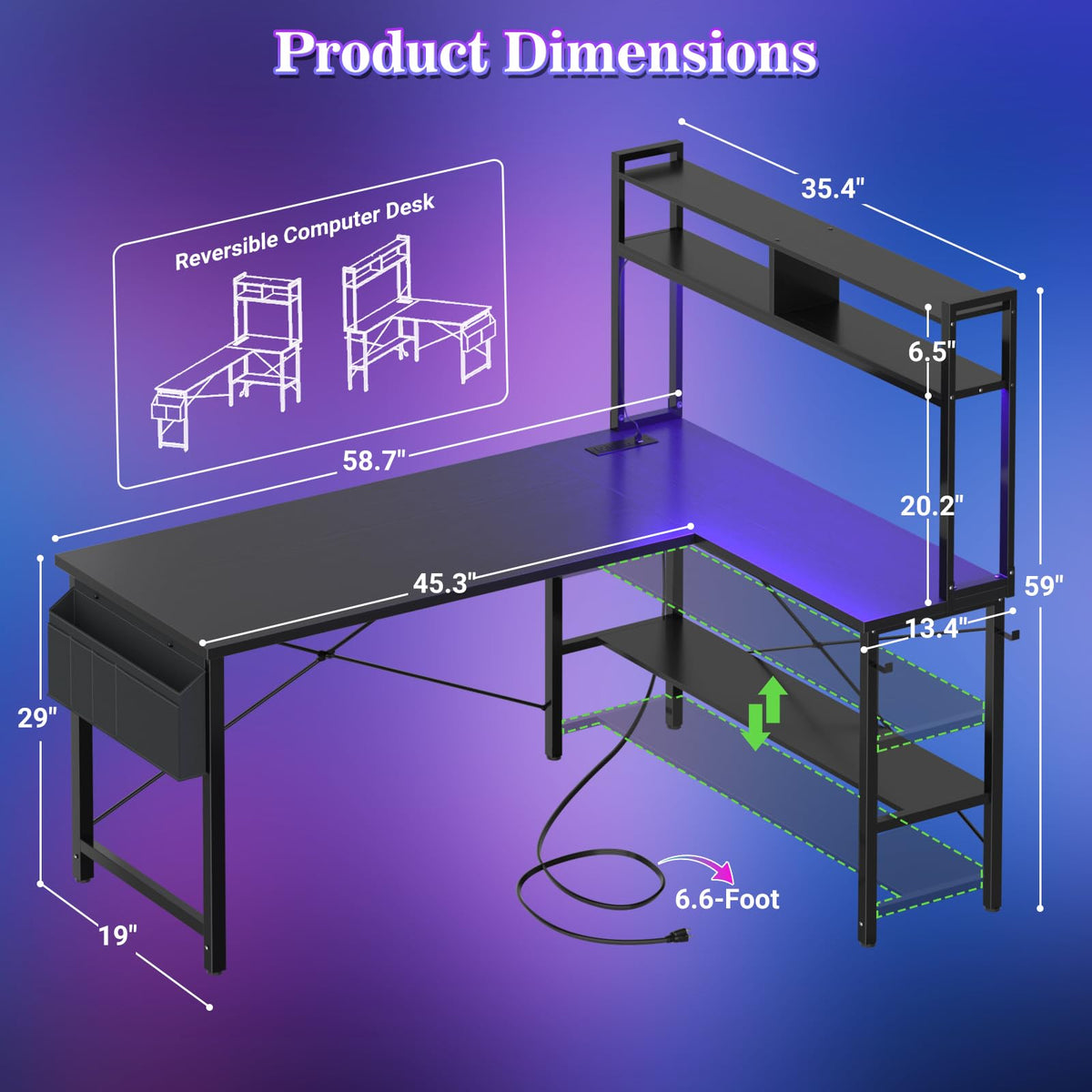 59" L Shaped Desk with LED Light & Power Outlet Z429