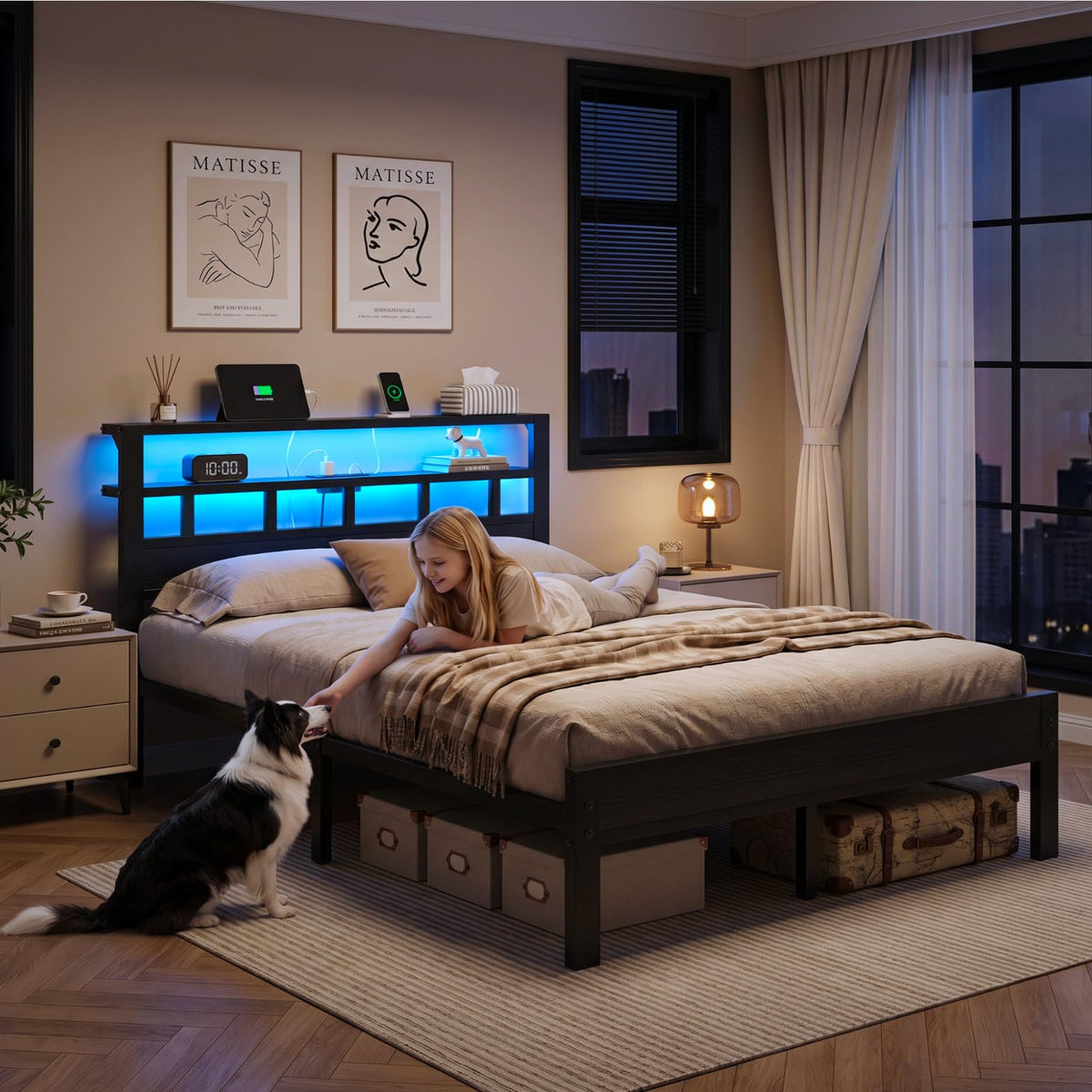 Full Size Bed Frame with Charging Station and LED B47616