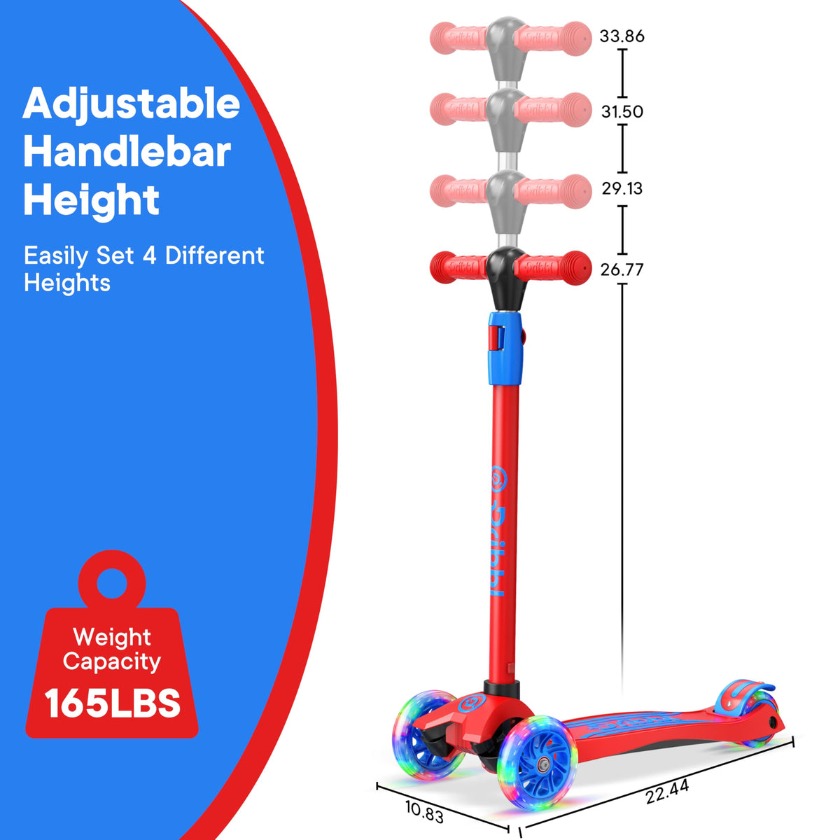 3-Wheel Kids Scooter Adjustable Height Anti-Slip Deck Red and Blue X491393