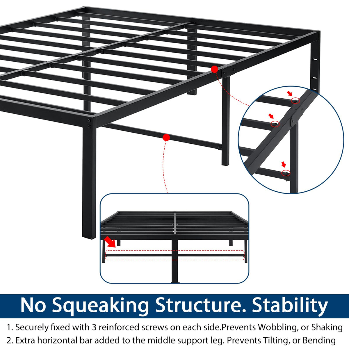 Queen Size Black Metal Bed Frame with Steel Slats I173