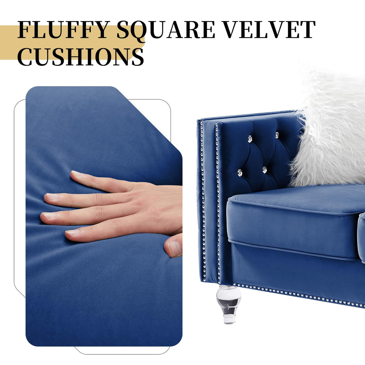 Blue Velvet Chesterfield Sofa with 2 Throw Pillows F661
