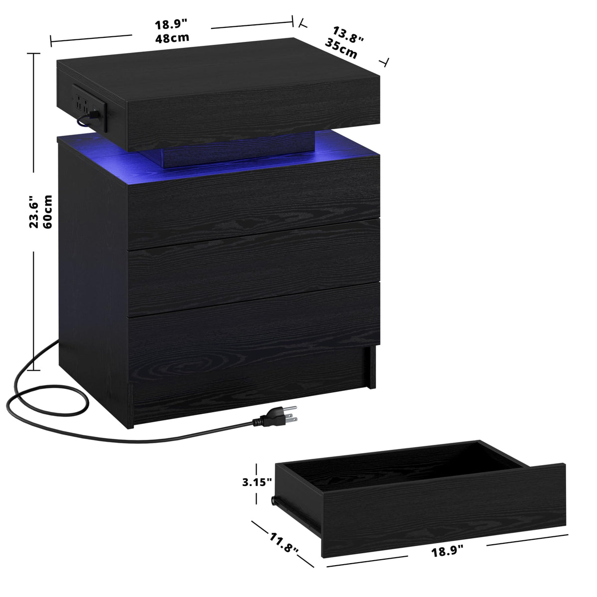 Black 3 Drawer Nightstand with Charging Station H29247