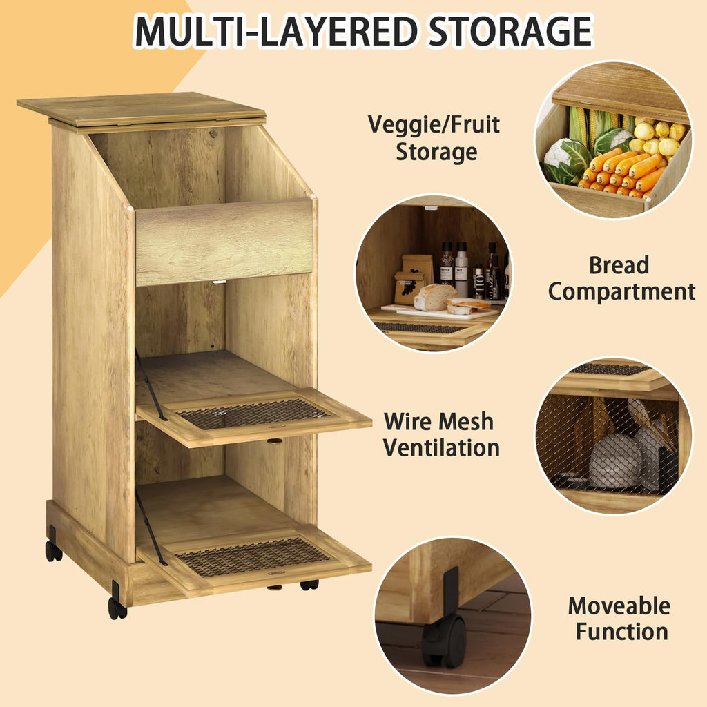 Brown Wooden Potato Storage Bin with Wheel Q244