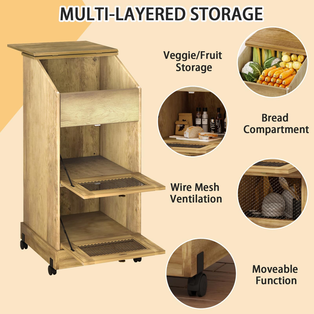 Brown Wooden Potato Storage Bin with Wheel Q244