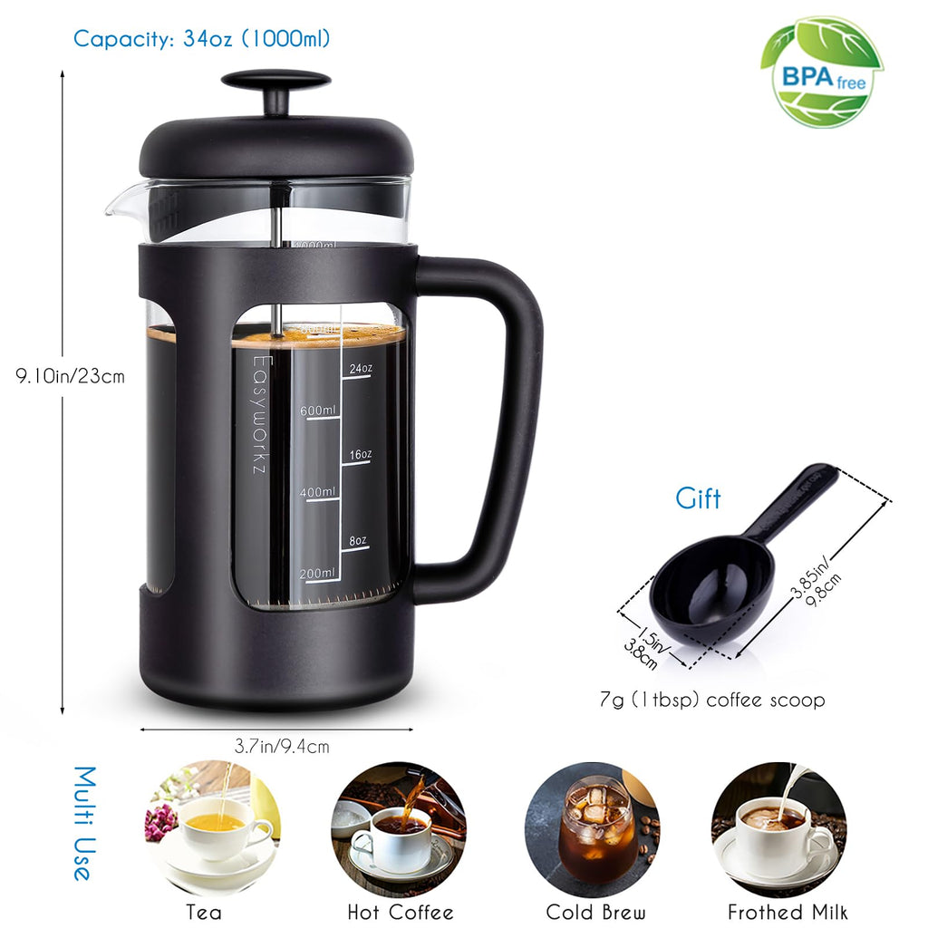34 oz French Press Coffee Tea Maker with 10g Measuring Spoon C53135