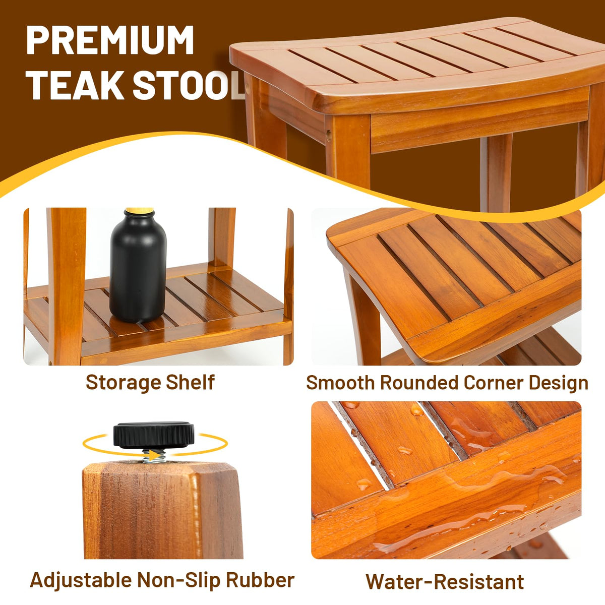 16" Teak Shower Bench with Shelf G8784